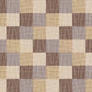 A patterned wipe-clean tablecloth featuring a grid of squares with intersecting lines in shades of brown, beige, and grey