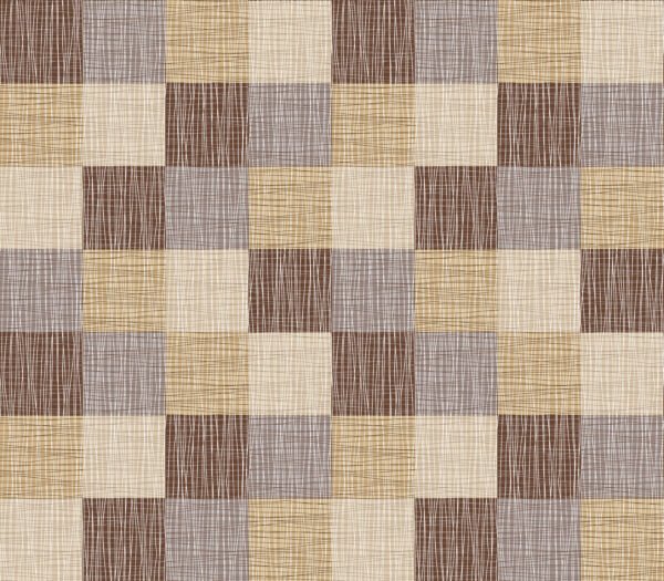 A patterned wipe-clean tablecloth featuring a grid of squares with intersecting lines in shades of brown, beige, and grey