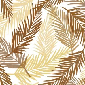 Patterned PVC tablecloth featuring overlapping tropical leaves in various shades of brown and beige on a white background