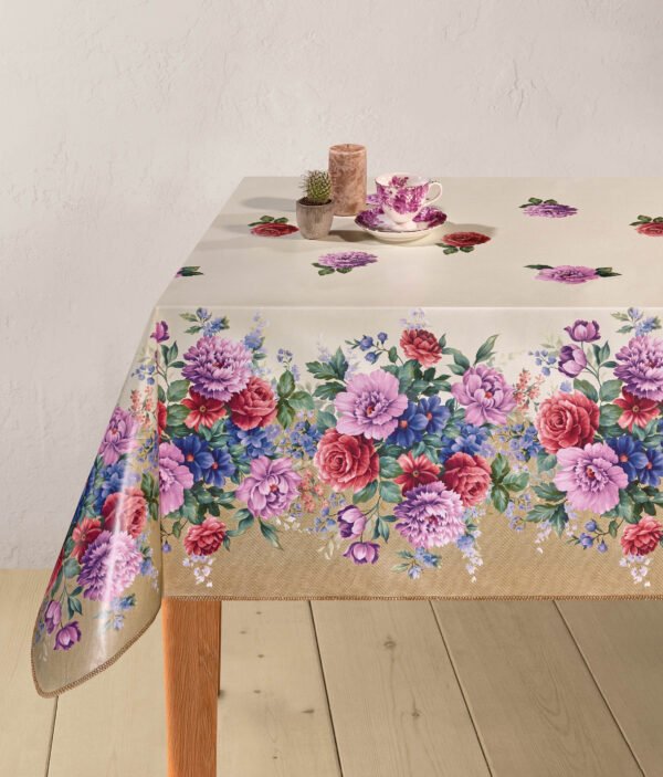 Red and Pink flowers wipe clean tablecloth with colourful flower pattern on a dining table