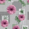 Pink flowers and green leaves pattern on a grey textured wipe clean tablecloth