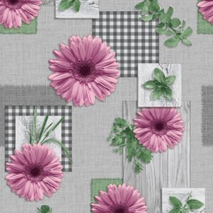 Pink flowers and green leaves pattern on a grey textured wipe clean tablecloth