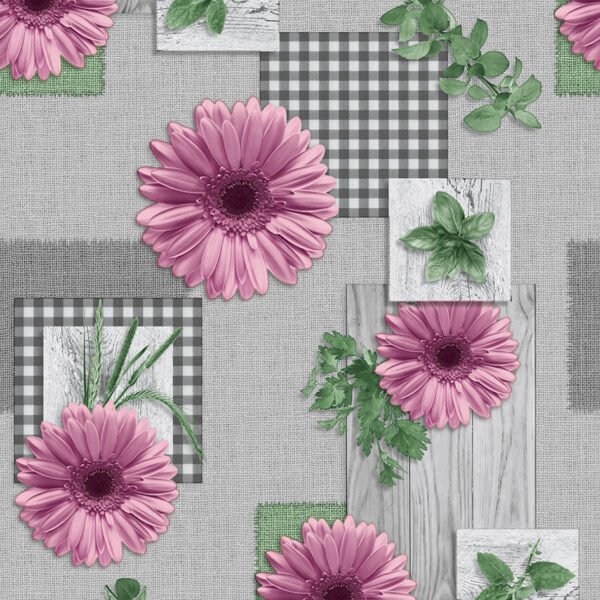 Pink flowers and green leaves pattern on a grey textured wipe clean tablecloth