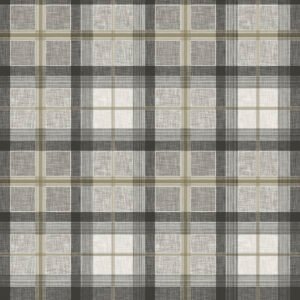 A pattern of grey, black, and white plaid with beige lines forming a grid. This wipe clean tablecloth design combines light and dark intersecting lines to create a classic plaid look.