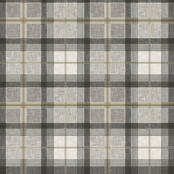 A pattern of grey, black, and white plaid with beige lines forming a grid. This wipe clean tablecloth design combines light and dark intersecting lines to create a classic plaid look.