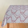 White, Red and grey Geometric Pattern Wipe Clean Tablecloth with Non Woven Backing on Wooden Table