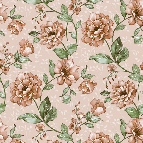 wipe clean PVC Vinyl tablecloth featuring a floral design with brown peonies and green leaves on a light beige background