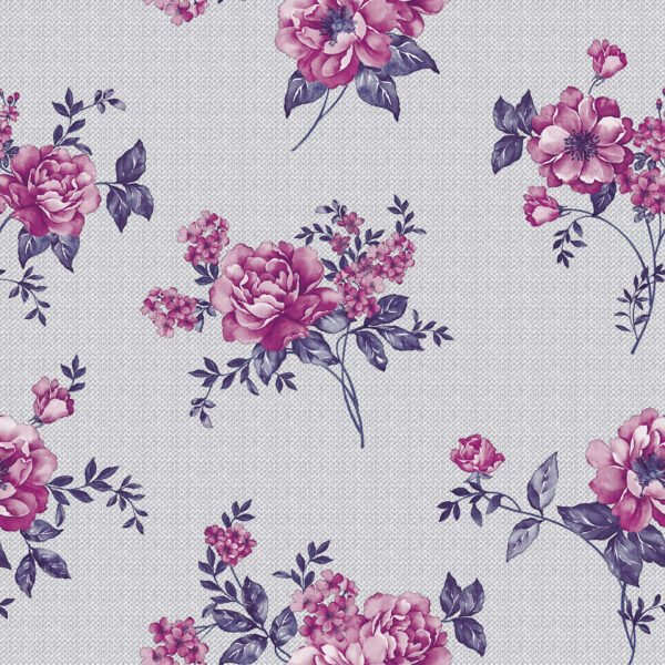 Elegant Grey wipe clean tablecloth with pink and purple floral design on a light grey background.