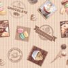 The image depicts a wipe clean table cloth design featuring various chocolate-themed illustrations and text. The tablecloth includes images of chocolate bars, cupcakes, donuts, macarons, cake pops, and heart-shaped chocolates.