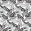 Patterned PVC tablecloth featuring overlapping tropical leaves in various shades of grey and black on a white background