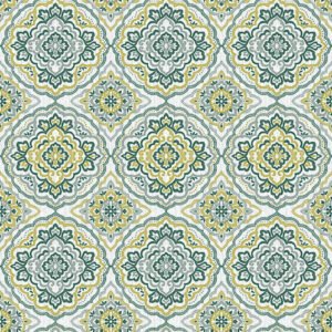 green multi wipe clean tablecloth design features intricate, symmetrical motifs in shades of green, grey, and yellow. The patterns resemble traditional or vintage tile designs, with repetitive geometric shapes and floral elements