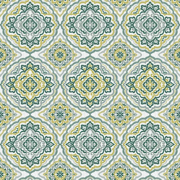 green multi wipe clean tablecloth design features intricate, symmetrical motifs in shades of green, grey, and yellow. The patterns resemble traditional or vintage tile designs, with repetitive geometric shapes and floral elements