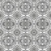 black grey multi wipe clean tablecloth design features intricate, symmetrical motifs in shades of black, grey, and white. The patterns resemble traditional or vintage tile designs,