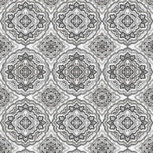 black grey multi wipe clean tablecloth design features intricate, symmetrical motifs in shades of black, grey, and white. The patterns resemble traditional or vintage tile designs,