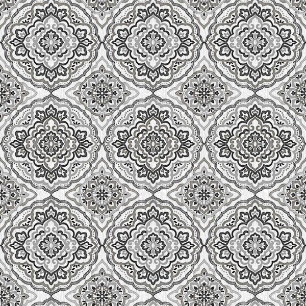 black grey multi wipe clean tablecloth design features intricate, symmetrical motifs in shades of black, grey, and white. The patterns resemble traditional or vintage tile designs,