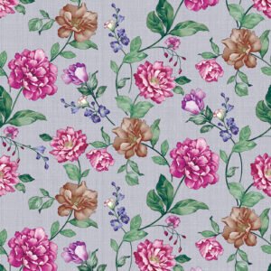 Floral PVC vinyl tablecloth with pink, purple, and brown flowers, green leaves, and grey background.