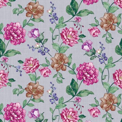 Floral PVC vinyl tablecloth with pink, purple, and brown flowers, green leaves, and grey background.