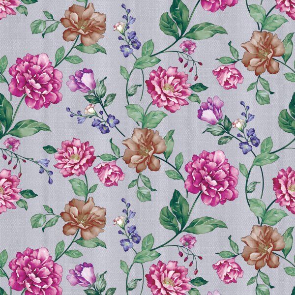 Floral PVC vinyl tablecloth with pink, purple, and brown flowers, green leaves, and grey background.