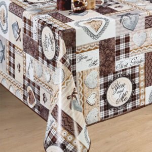Brown Black Sweet Hearts Wipe Clean Tablecloth PVC Vinyl Table cover Protector