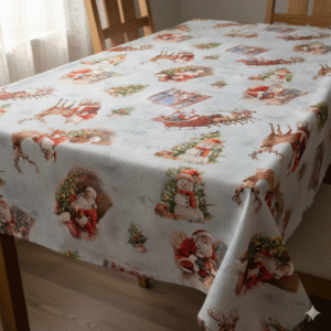 Alternative view of Round Christmas Tablecloth Wipe Clean  – Vintage Santa & Reindeer Design, Waterproof PVC Holiday Table Cover