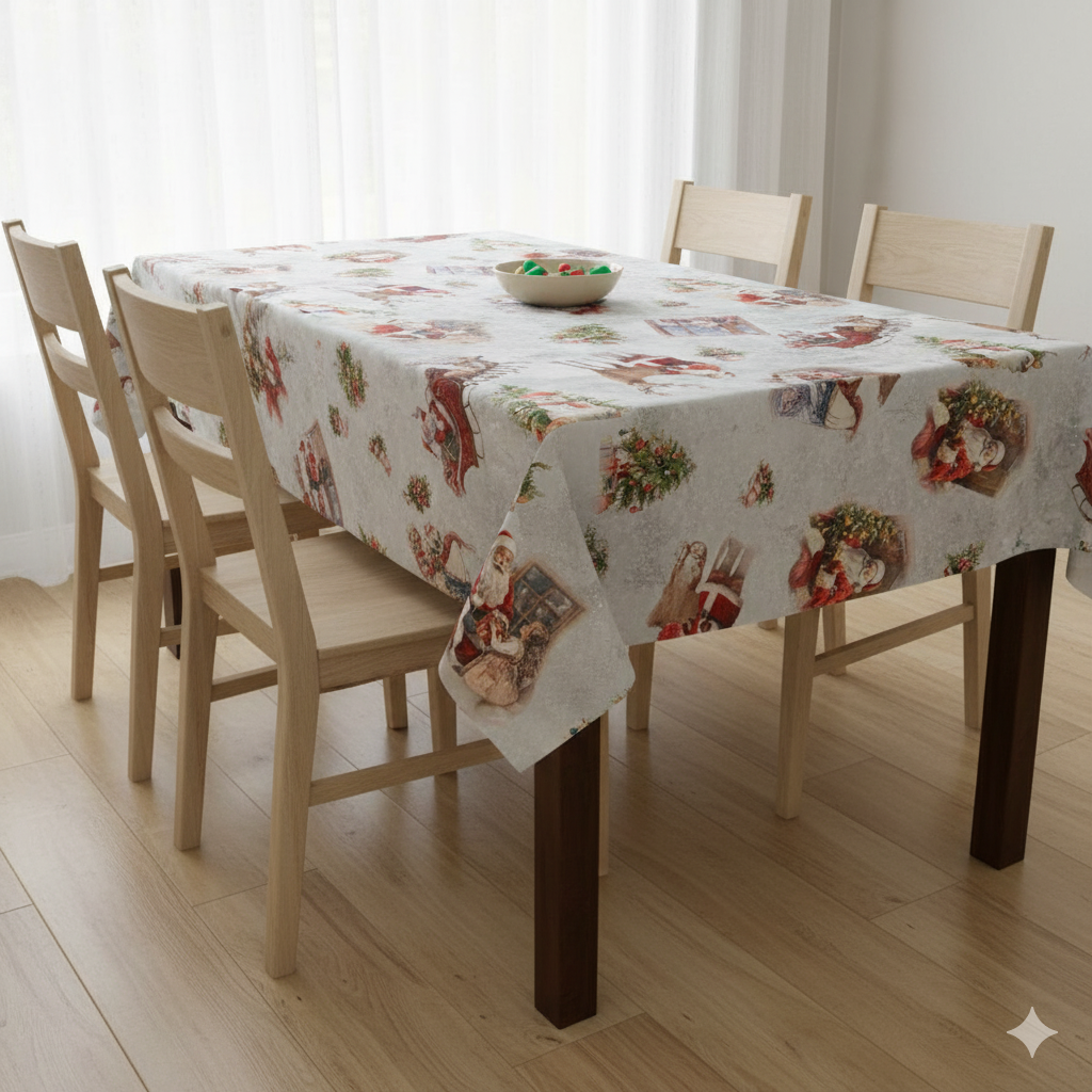 Round Christmas Tablecloth Wipe Clean – Vintage Santa & Reindeer Design, Waterproof PVC Holiday Table Cover - Image 3