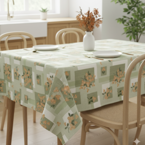 green multi wipe clean tablecloth design features intricate, symmetrical motifs in shades of green, grey, and yellow. The patterns resemble traditional or vintage tile designs, with repetitive geometric shapes and floral elements