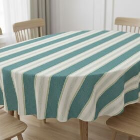 Family dining setting featuring a patterned wipe clean Oval tablecloth with a 20cm drop.
