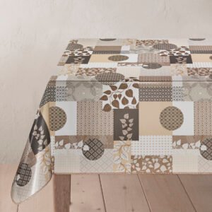 Modern Brown Patchwork Wipe Clean Tablecloth | Waterproof Botanical & Geometric Table Cover