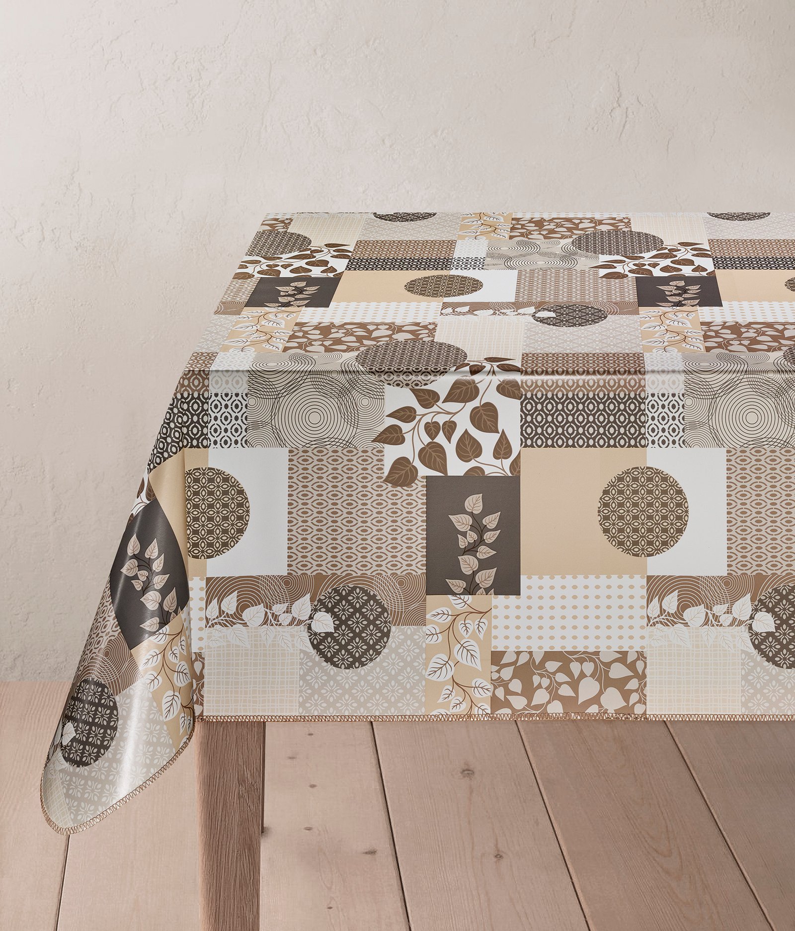 Modern Brown Patchwork Wipe Clean Tablecloth | Waterproof Botanical & Geometric Table Cover